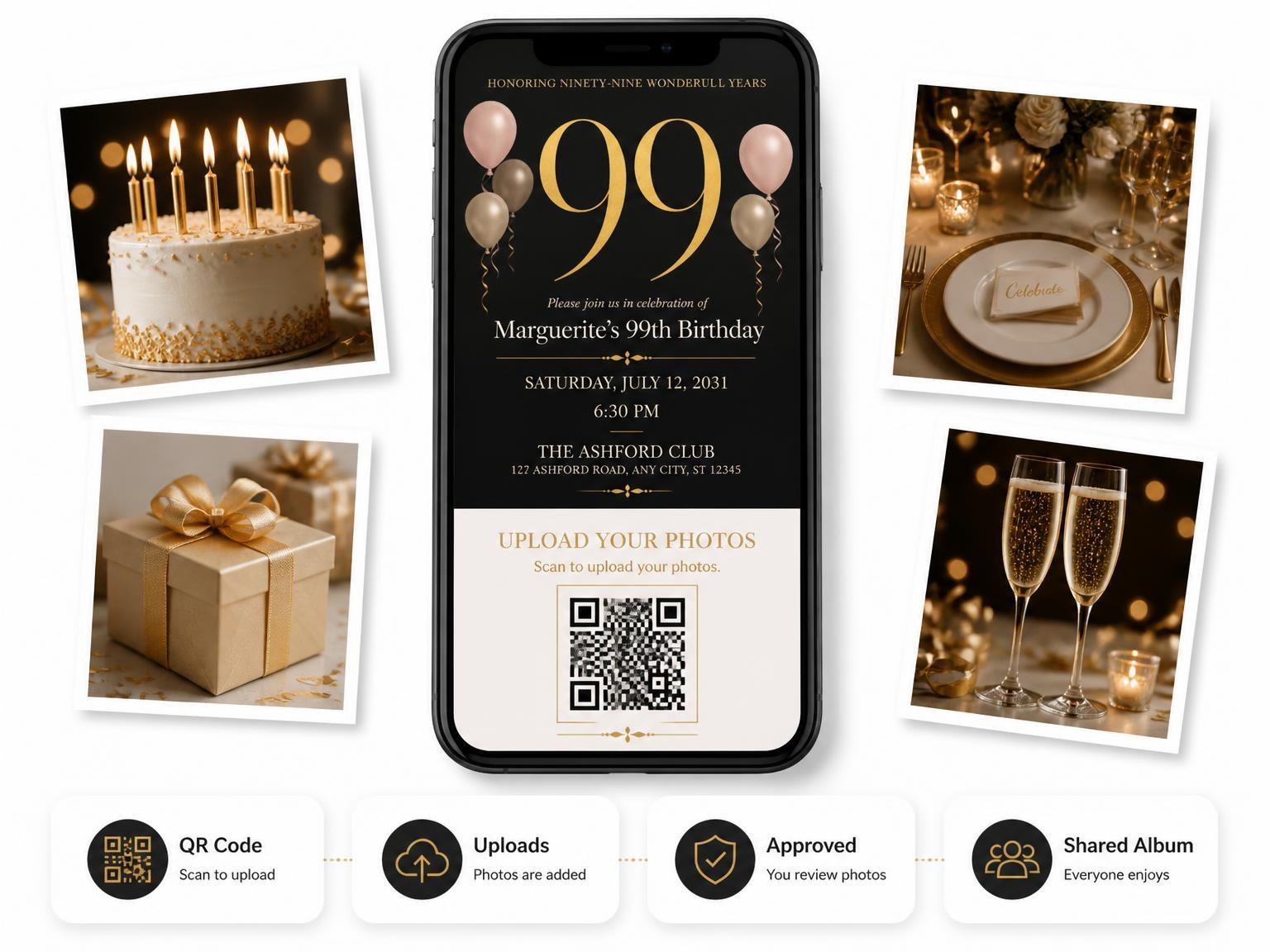 The shared photo gallery that comes with the Charcoal and Blush 99th Birthday Invitation invitation