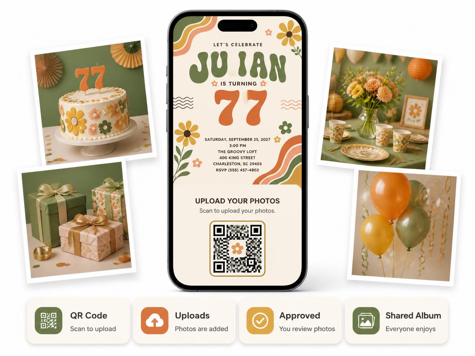 The shared photo gallery that comes with the Groovy Retro 77th Birthday Invitation invitation