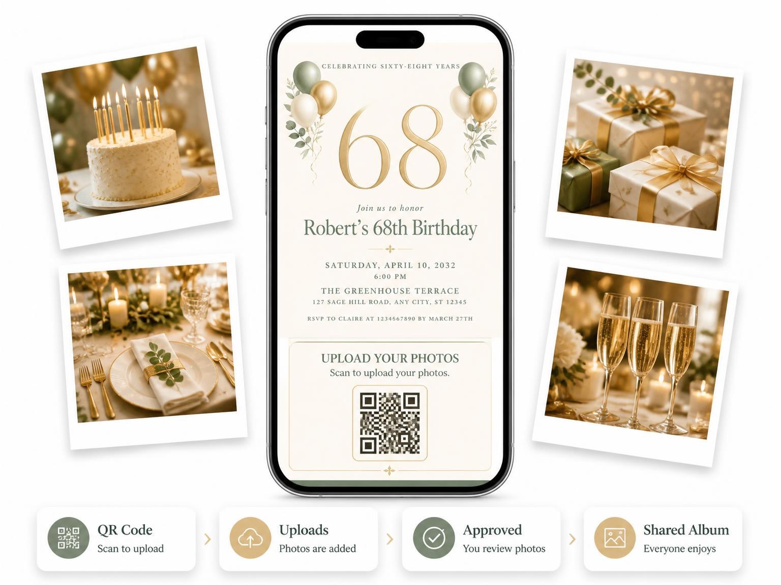 The shared photo gallery that comes with the Sage and Ivory 68th Birthday Invitation invitation