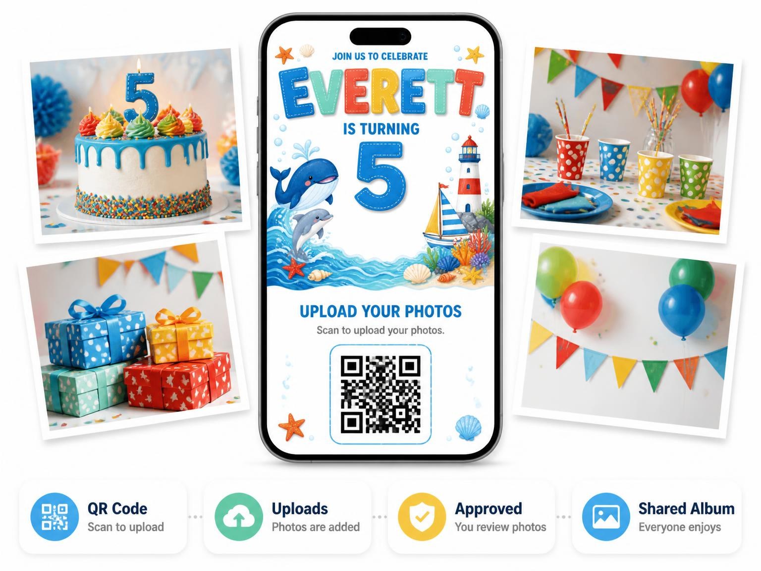 The shared photo gallery that comes with the Jumping Dolphin 5th Birthday Invitation invitation