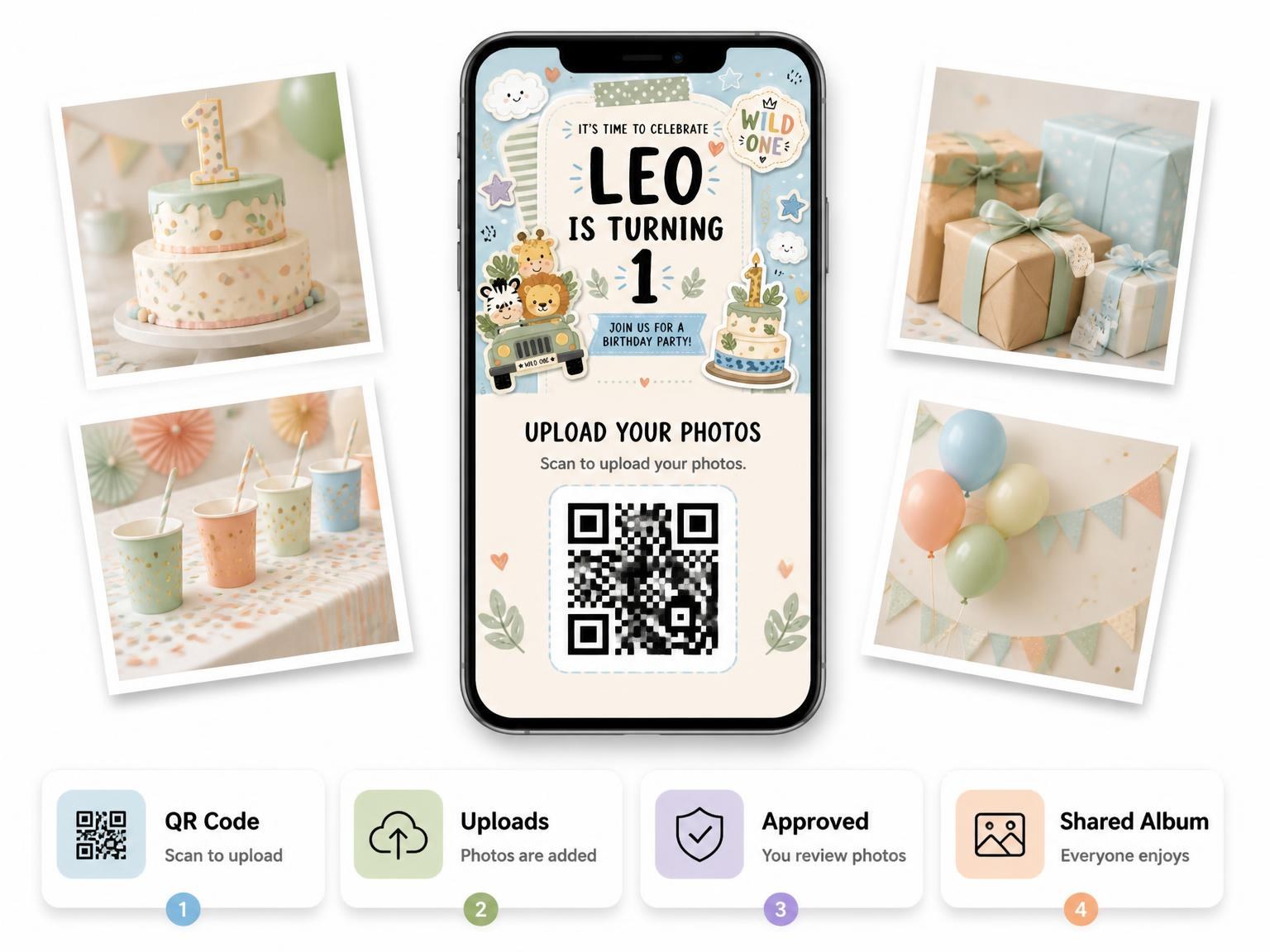 The shared photo gallery that comes with the Pastel Safari 1st Birthday Invitation invitation