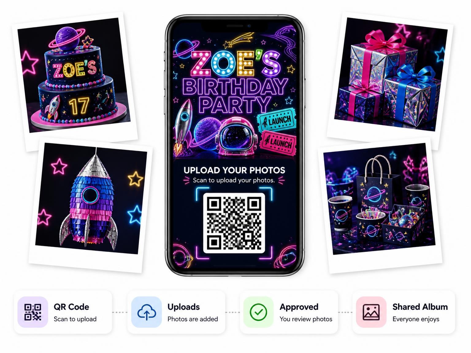 The shared photo gallery that comes with the Neon Space 17th Birthday Invitation invitation