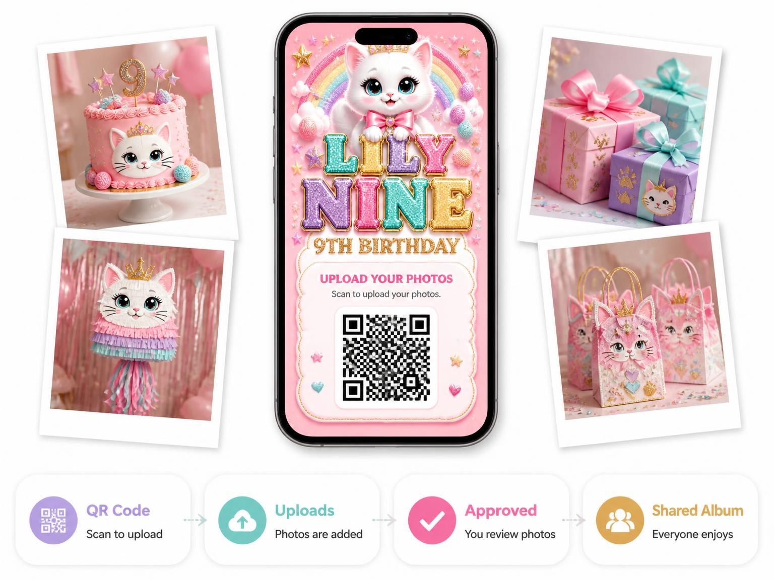 The shared photo gallery that comes with the Glitter Kitty Cat 9th Birthday Invitation invitation