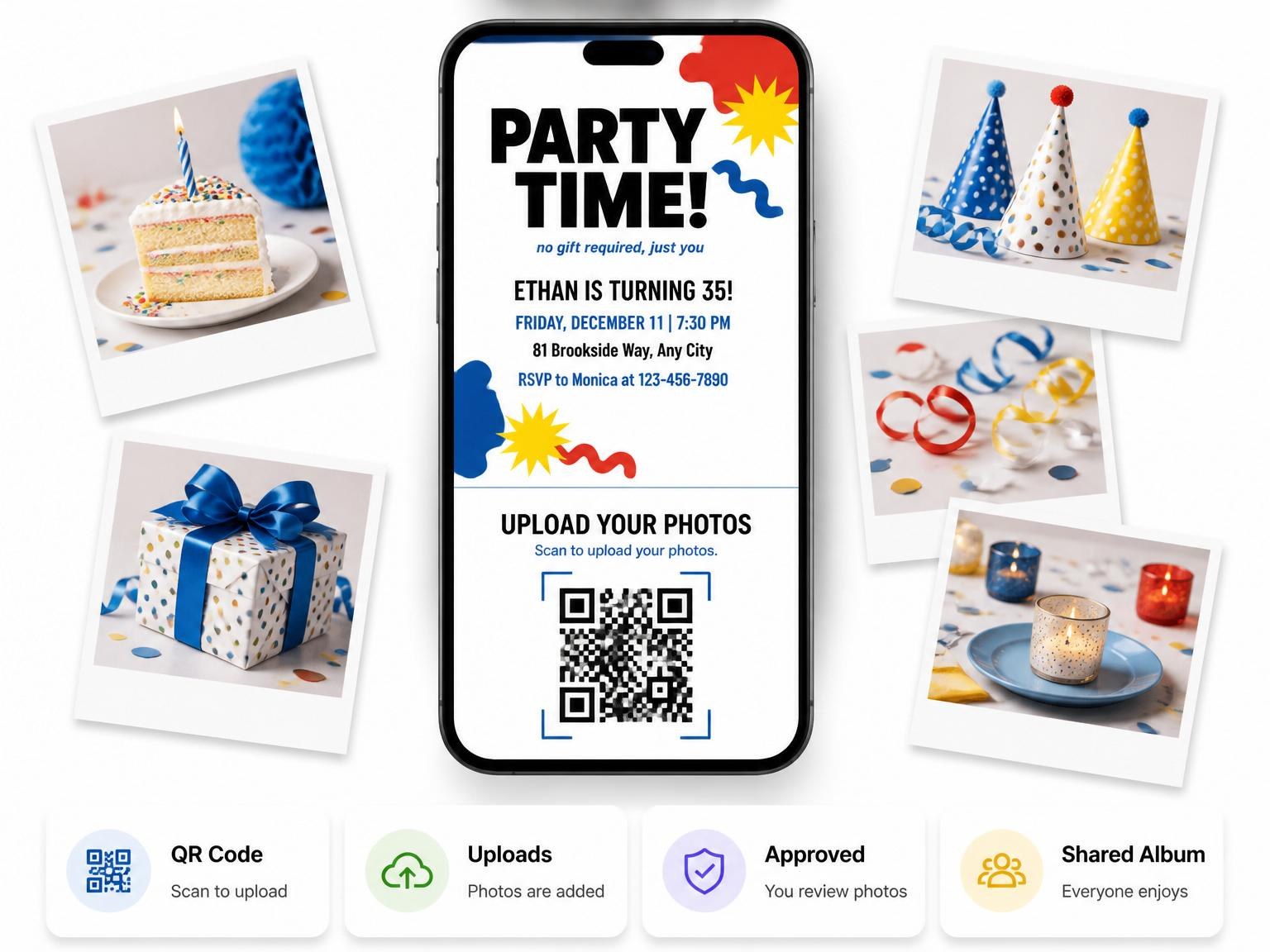 The shared photo gallery that comes with the Primary Memphis Geometric 35th Birthday invitation