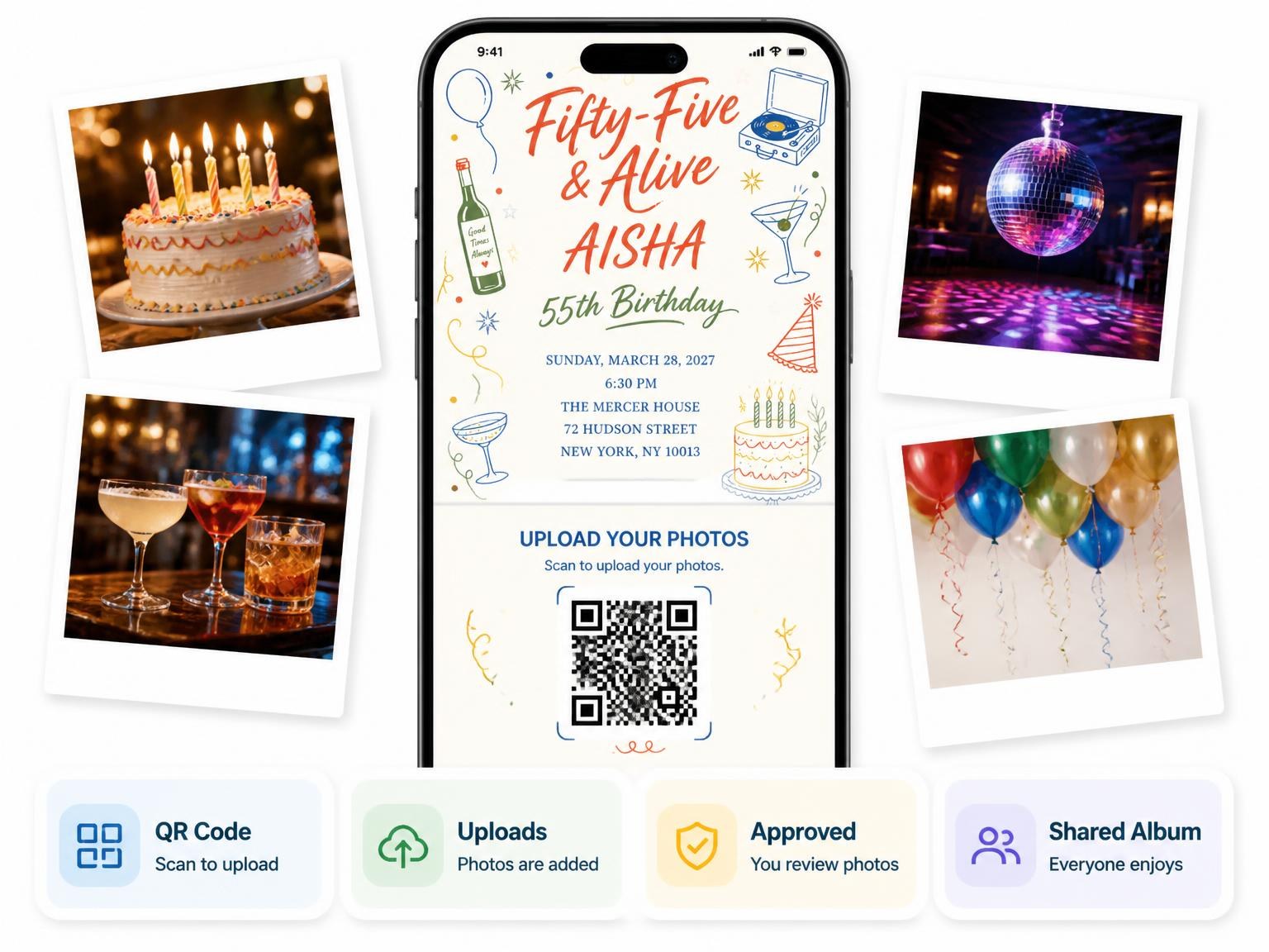 The shared photo gallery that comes with the Retro Doodle 55th Birthday Invitation invitation