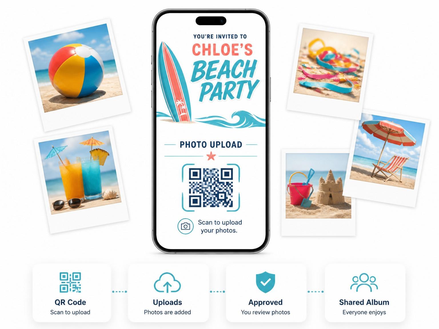 The shared photo gallery that comes with the Surfboard Ocean Wave Beach Party invitation