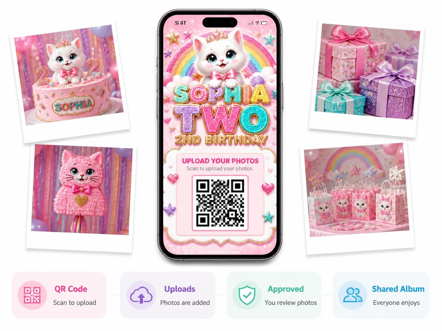 The shared photo gallery that comes with the Glitter Kitty Cat 2nd Birthday Invitation invitation