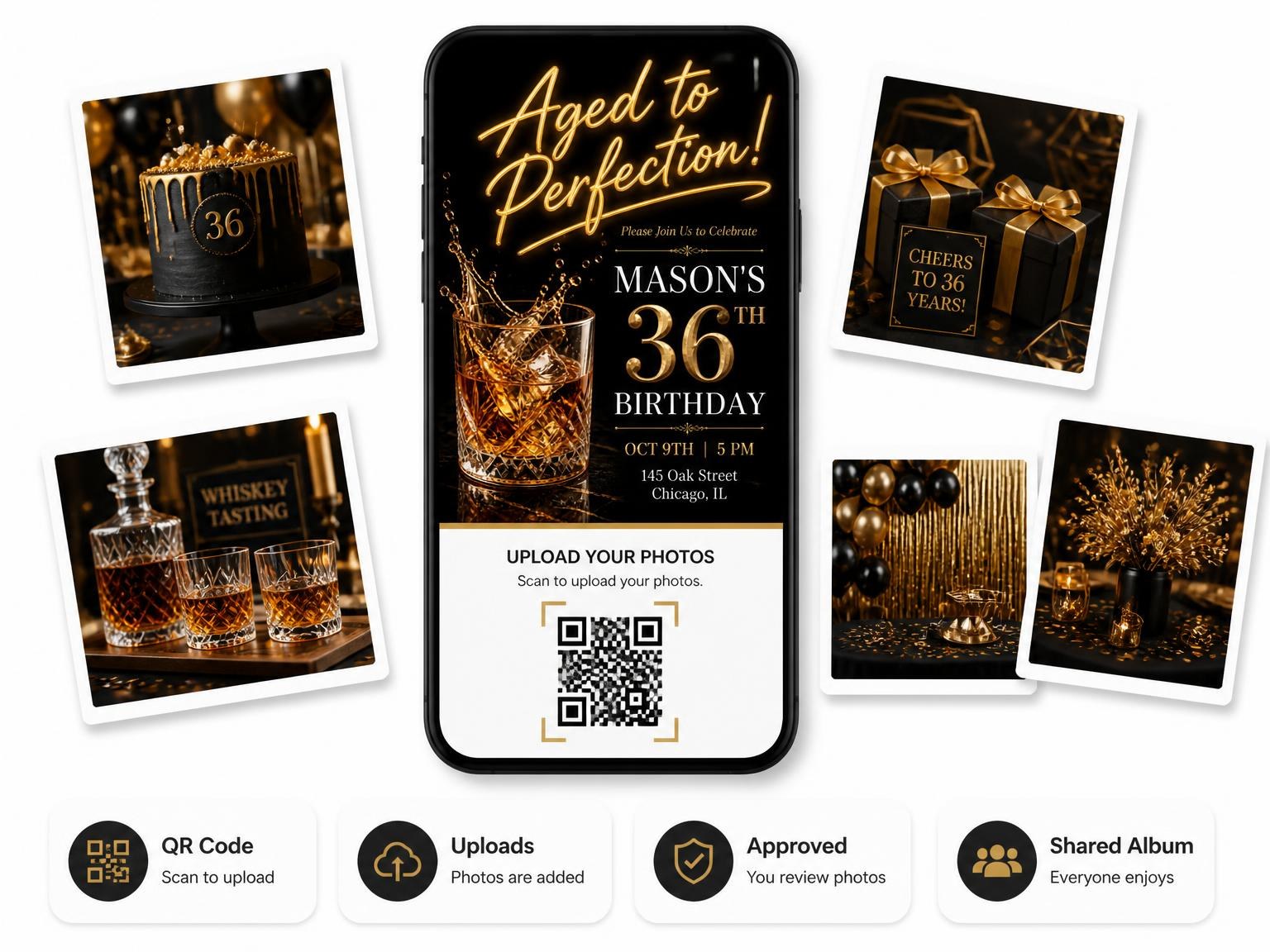 The shared photo gallery that comes with the Whiskey 36th Birthday Invitation invitation