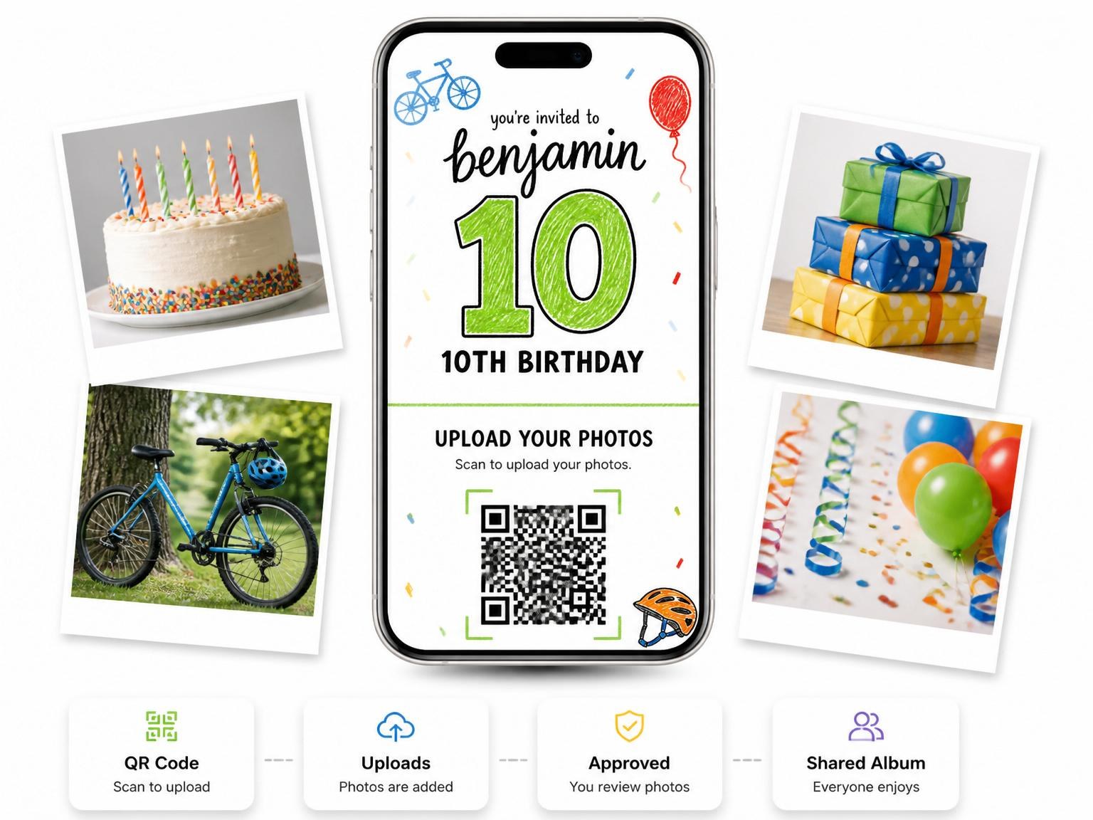 The shared photo gallery that comes with the Crayon Bicycle Motif 10th Birthday invitation
