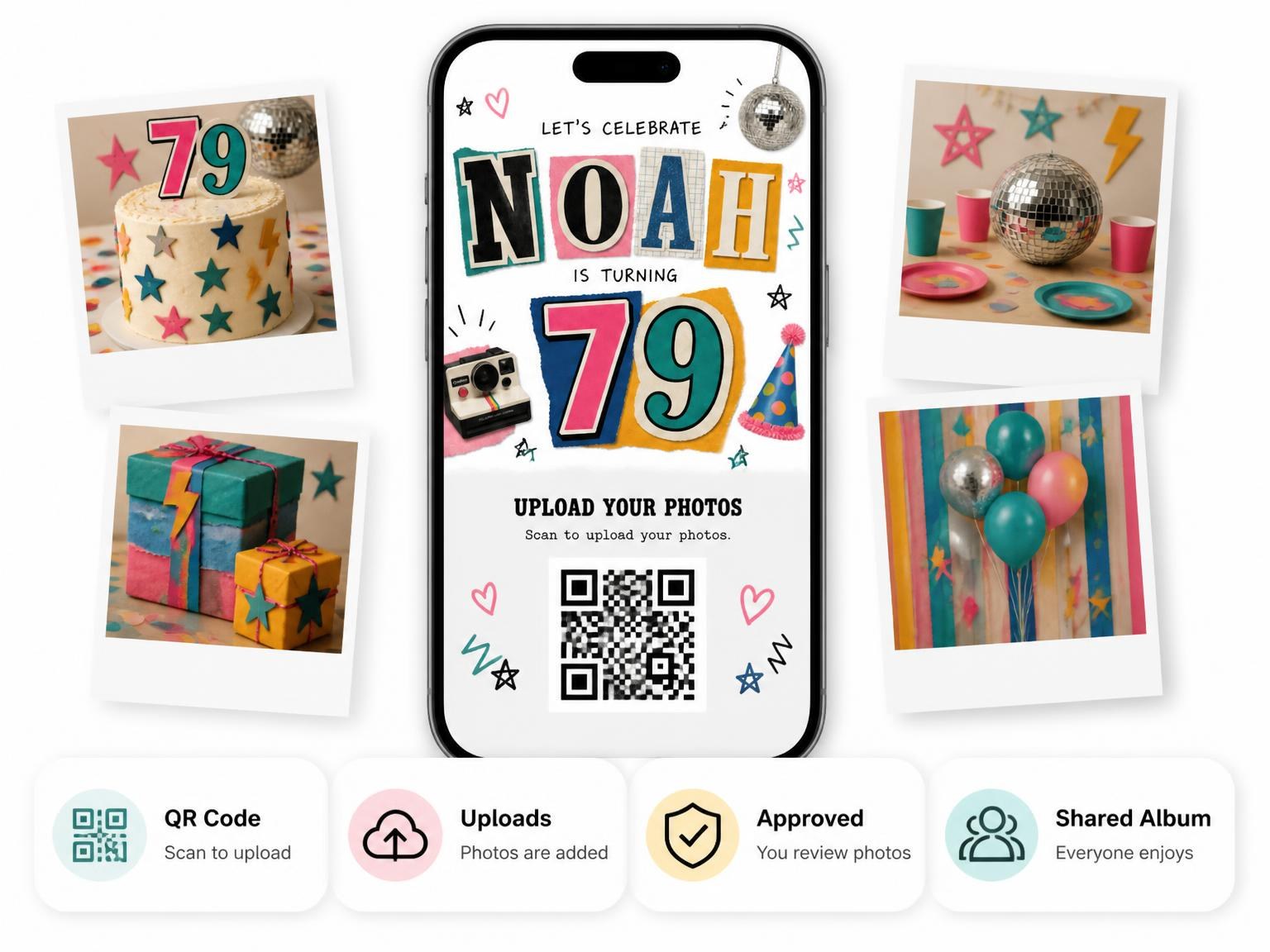 The shared photo gallery that comes with the Retro Paper Collage 79th Birthday Invitation invitation