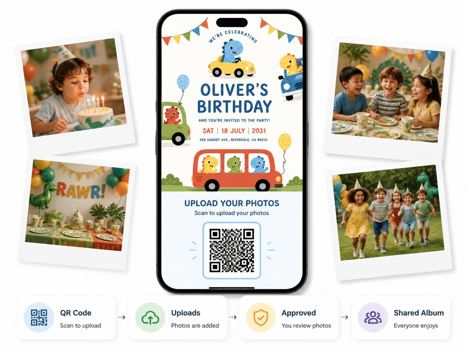 The shared photo gallery that comes with the Dinosaur Road Trip 3rd Birthday Invitation invitation