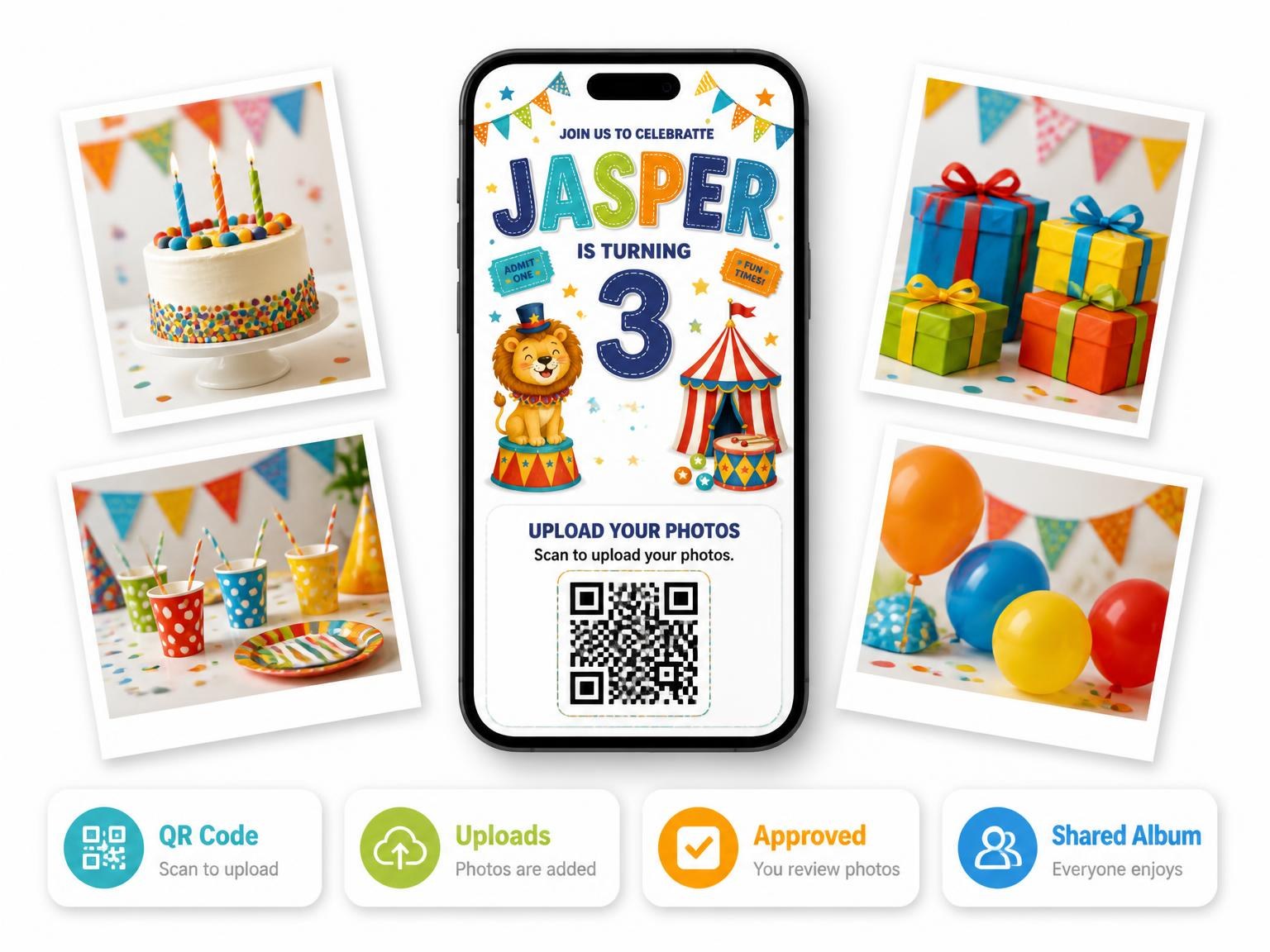 The shared photo gallery that comes with the Stitched Circus Big Top 3rd Birthday Invitation invitation