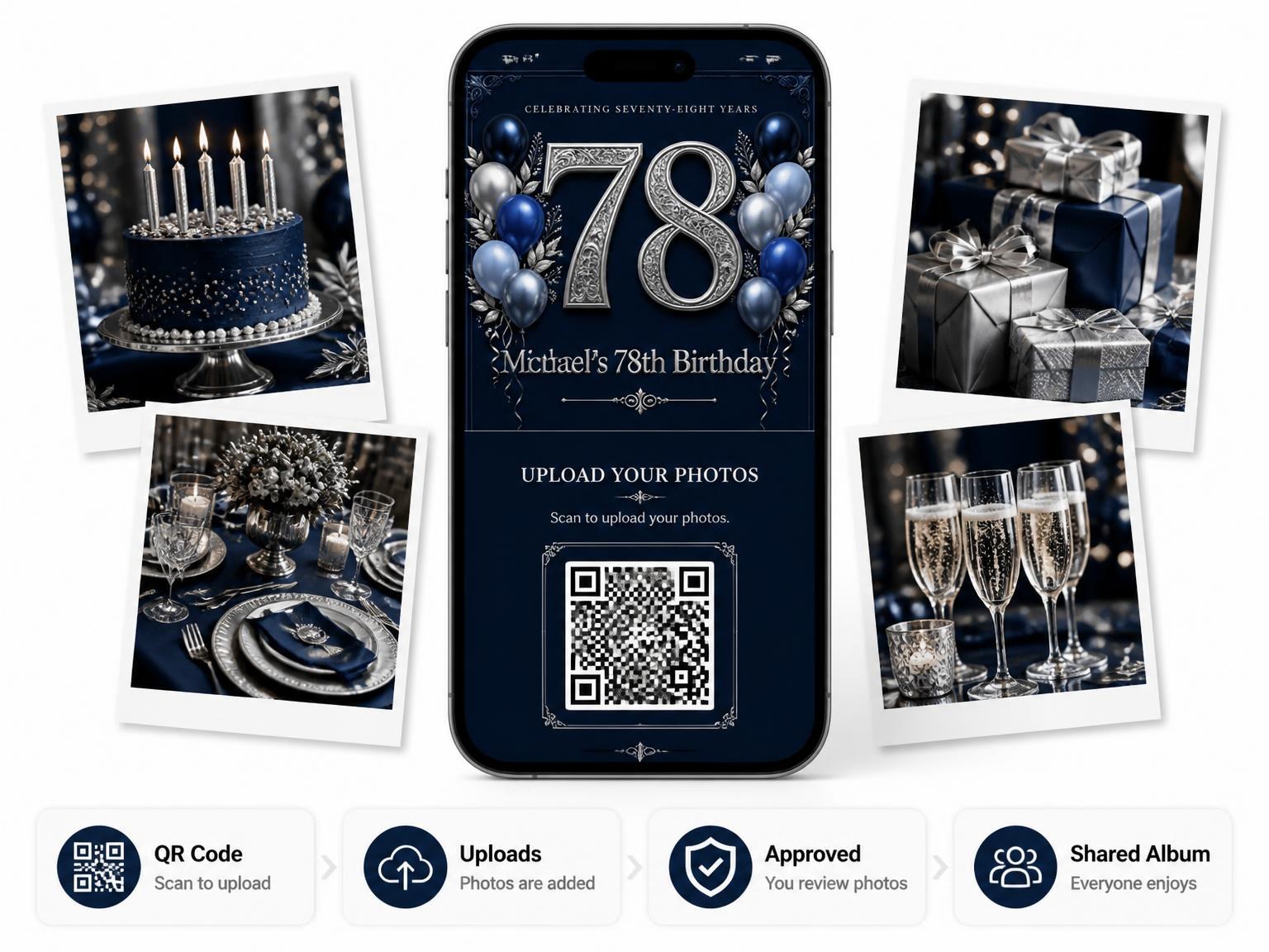 The shared photo gallery that comes with the Navy and Silver 78th Birthday Invitation invitation