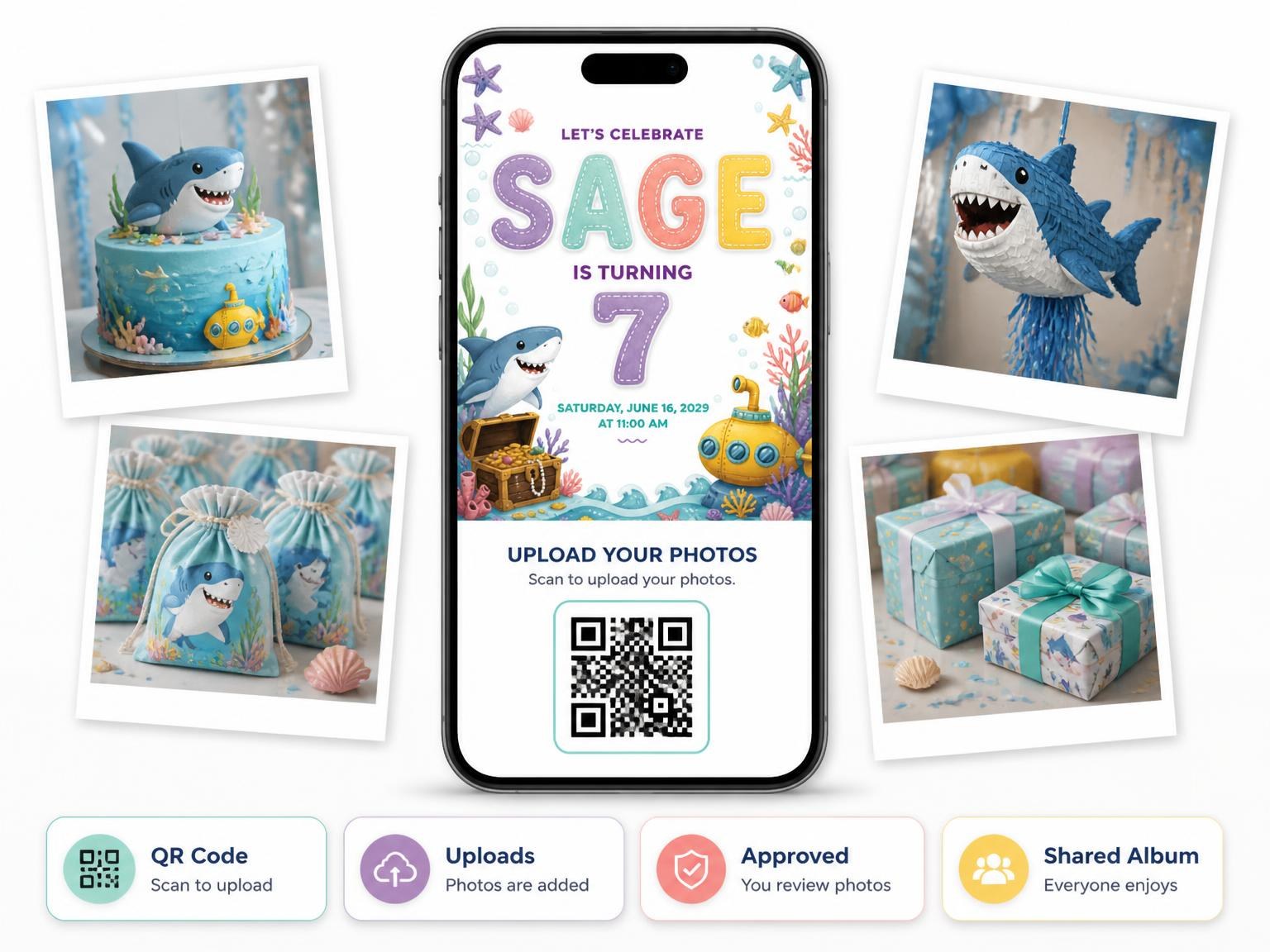 The shared photo gallery that comes with the Stitched Shark 7th Birthday Invitation invitation