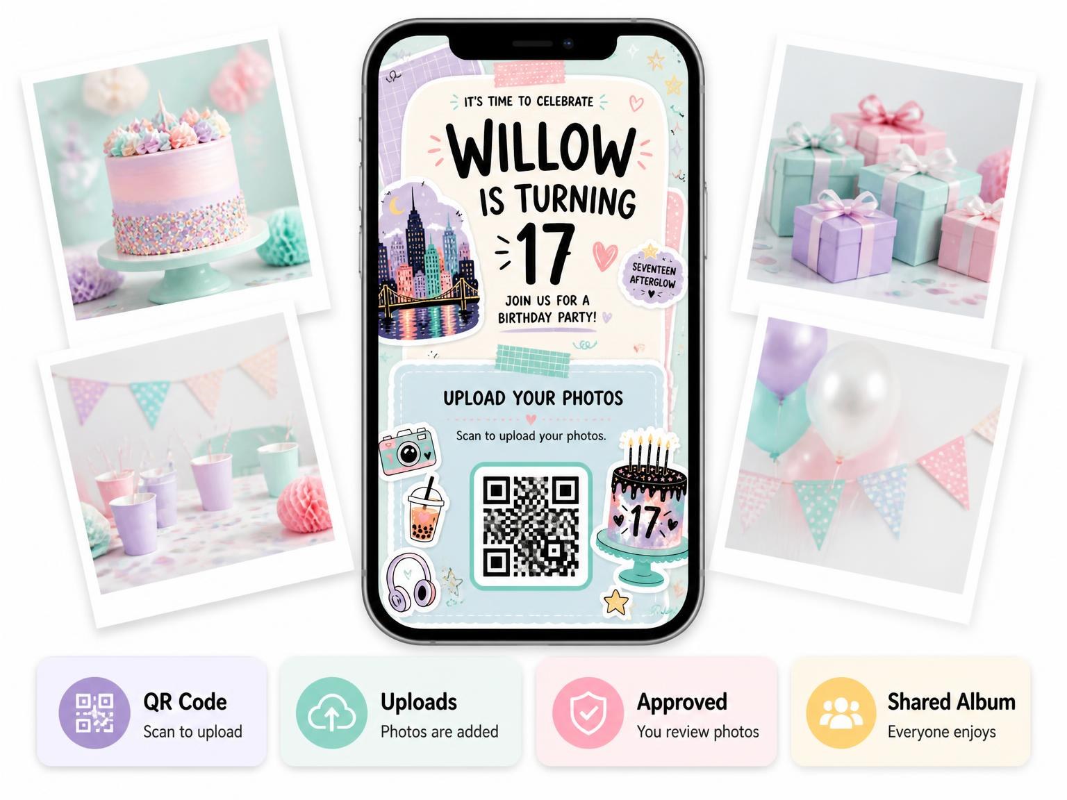 The shared photo gallery that comes with the City Skyline Pastel 17th Birthday Invitation invitation