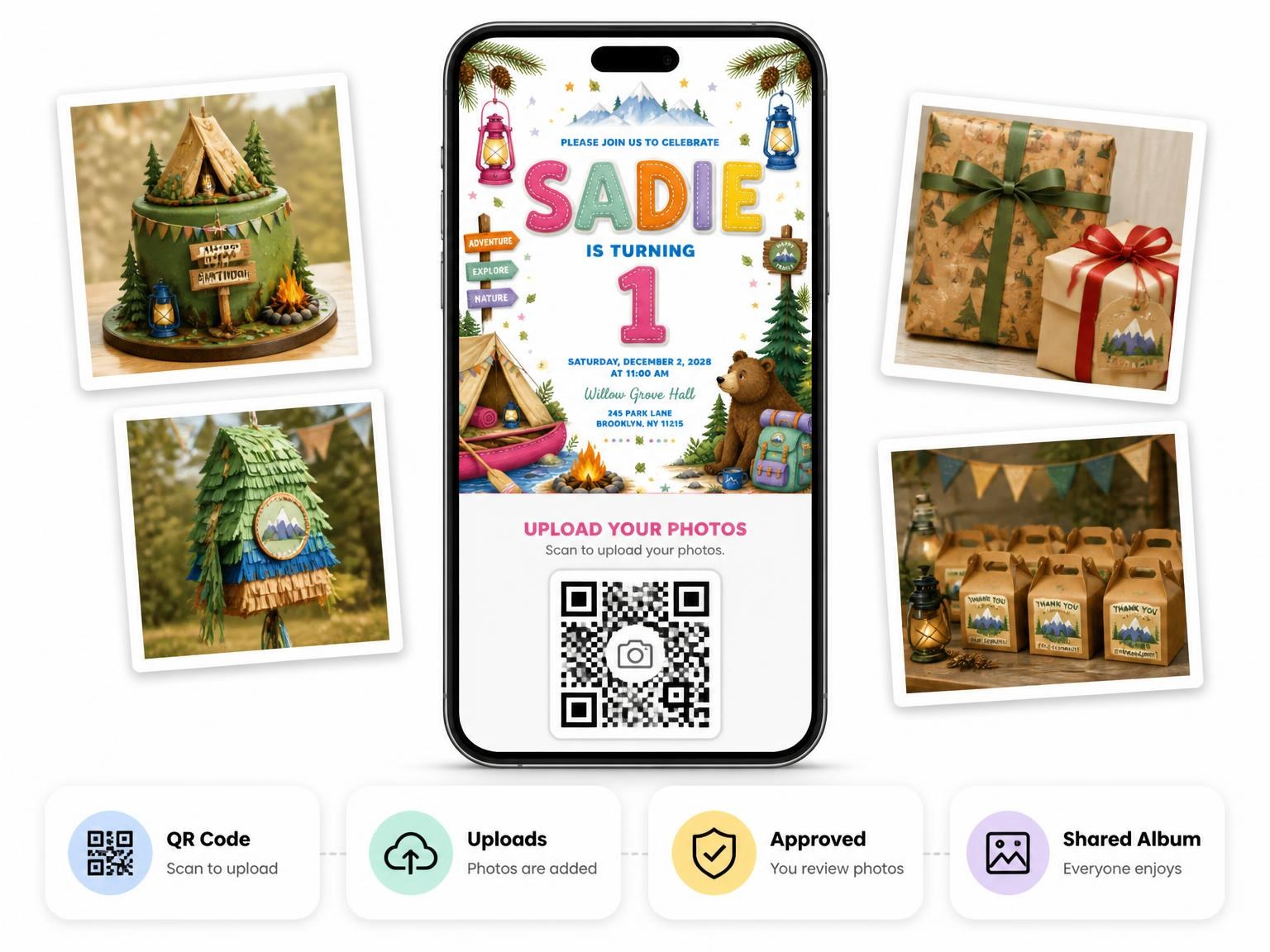 The shared photo gallery that comes with the Stitched Camping 1st Birthday Invitation invitation