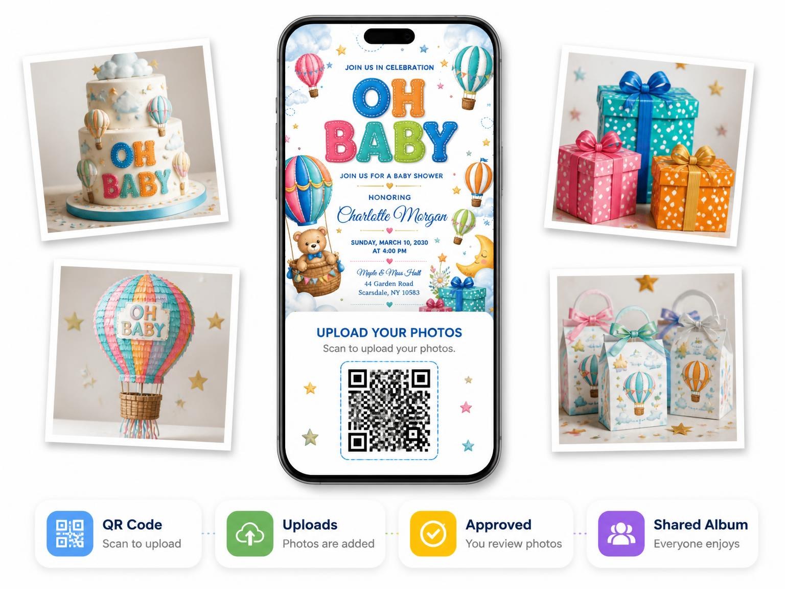 The shared photo gallery that comes with the Boxes Flowers Baby Shower Invitation invitation