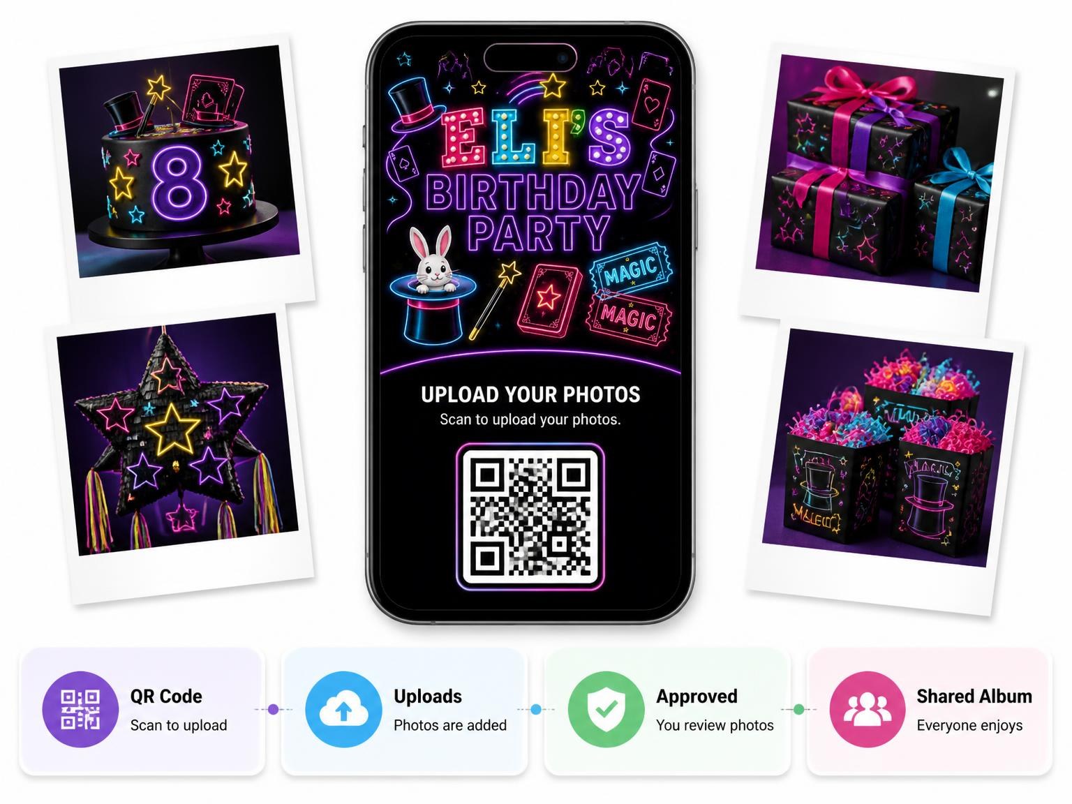 The shared photo gallery that comes with the Neon Magic Show 8th Birthday Invitation invitation