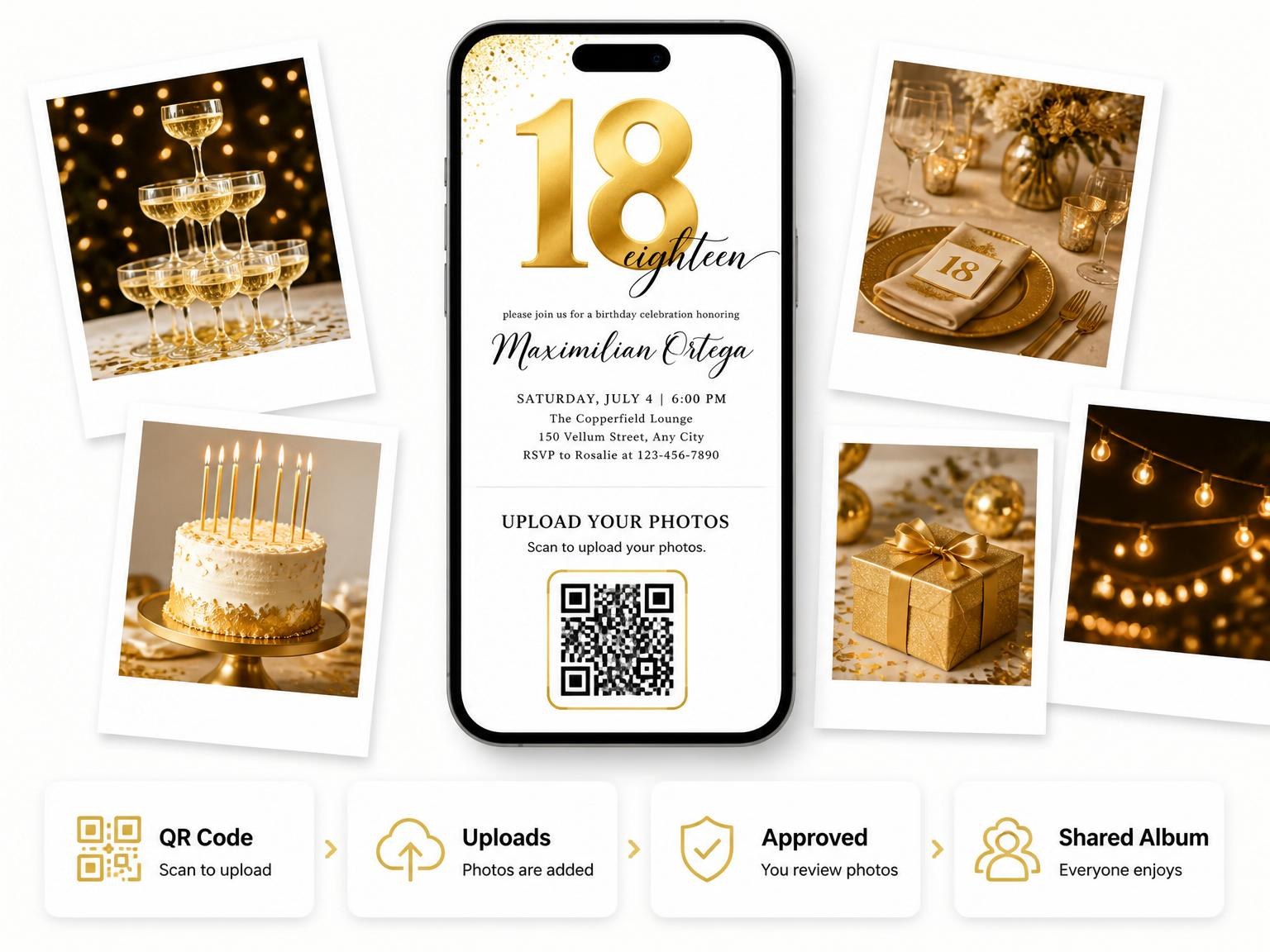 The shared photo gallery that comes with the Gold 3D Numeral 18th Birthday invitation