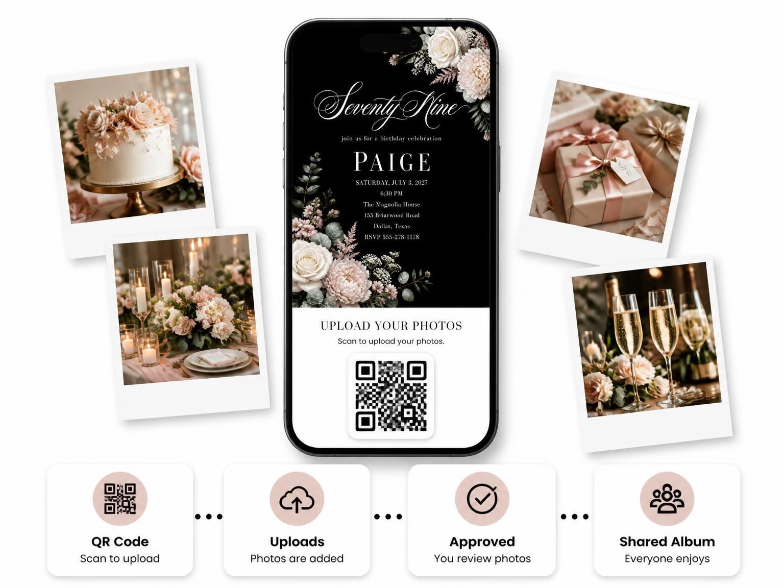 The shared photo gallery that comes with the Black Floral 79th Birthday Invitation invitation