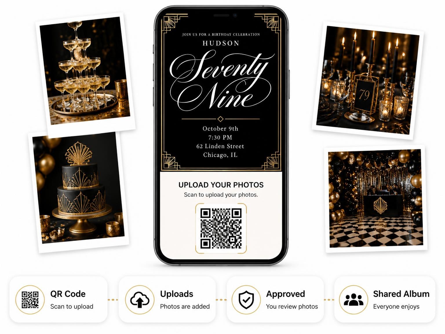 The shared photo gallery that comes with the Art Deco 79th Birthday Invitation invitation