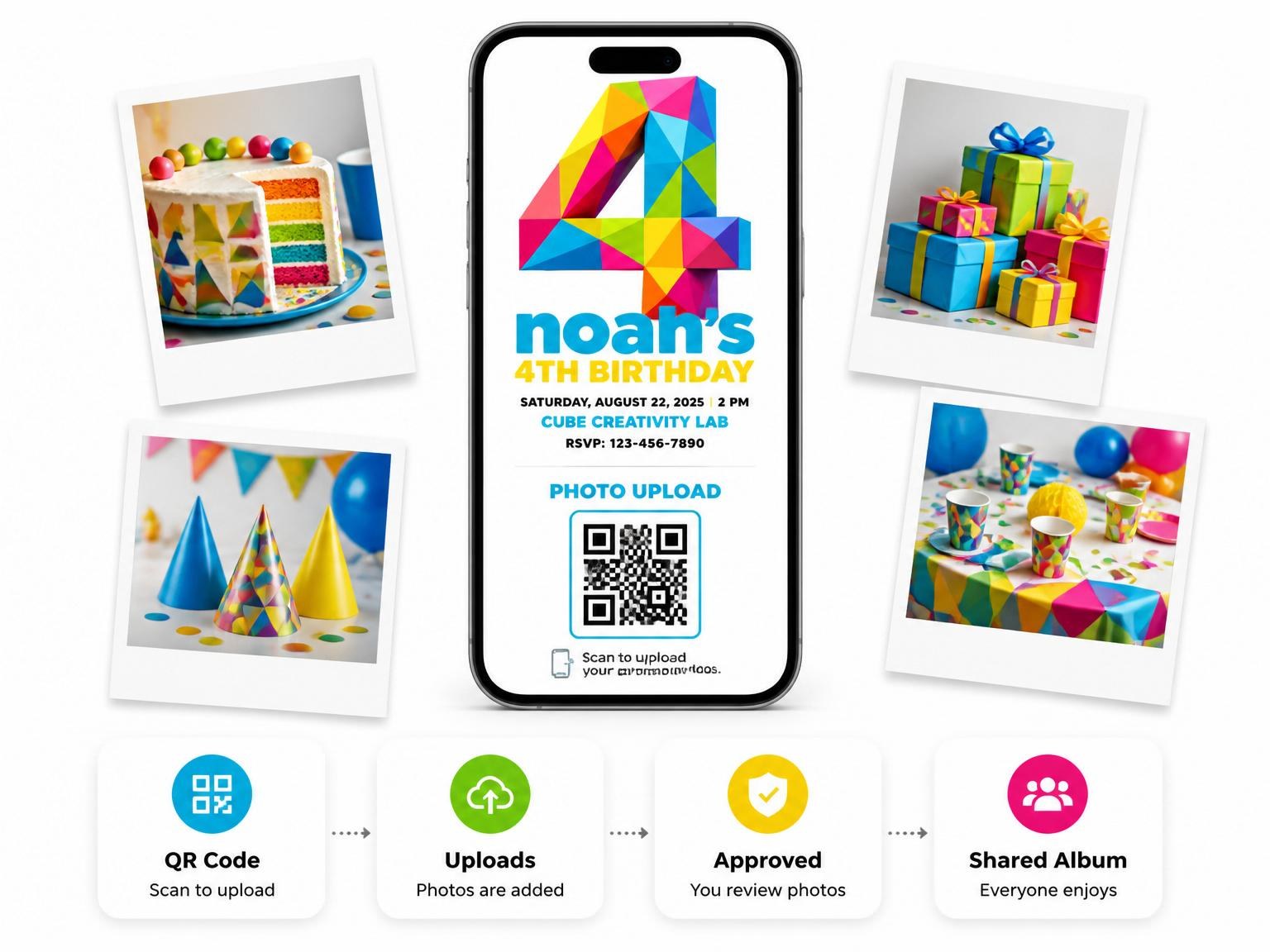 The shared photo gallery that comes with the Low-Poly Geometric Number 4th Birthday invitation