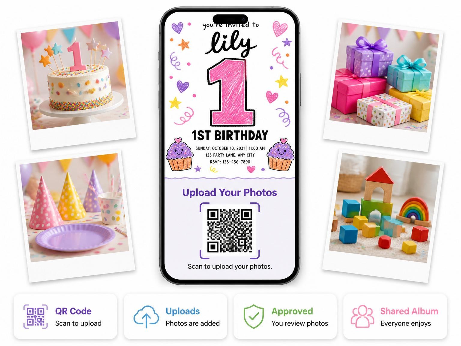 The shared photo gallery that comes with the Crayon Scribble 1st Birthday Invitation invitation