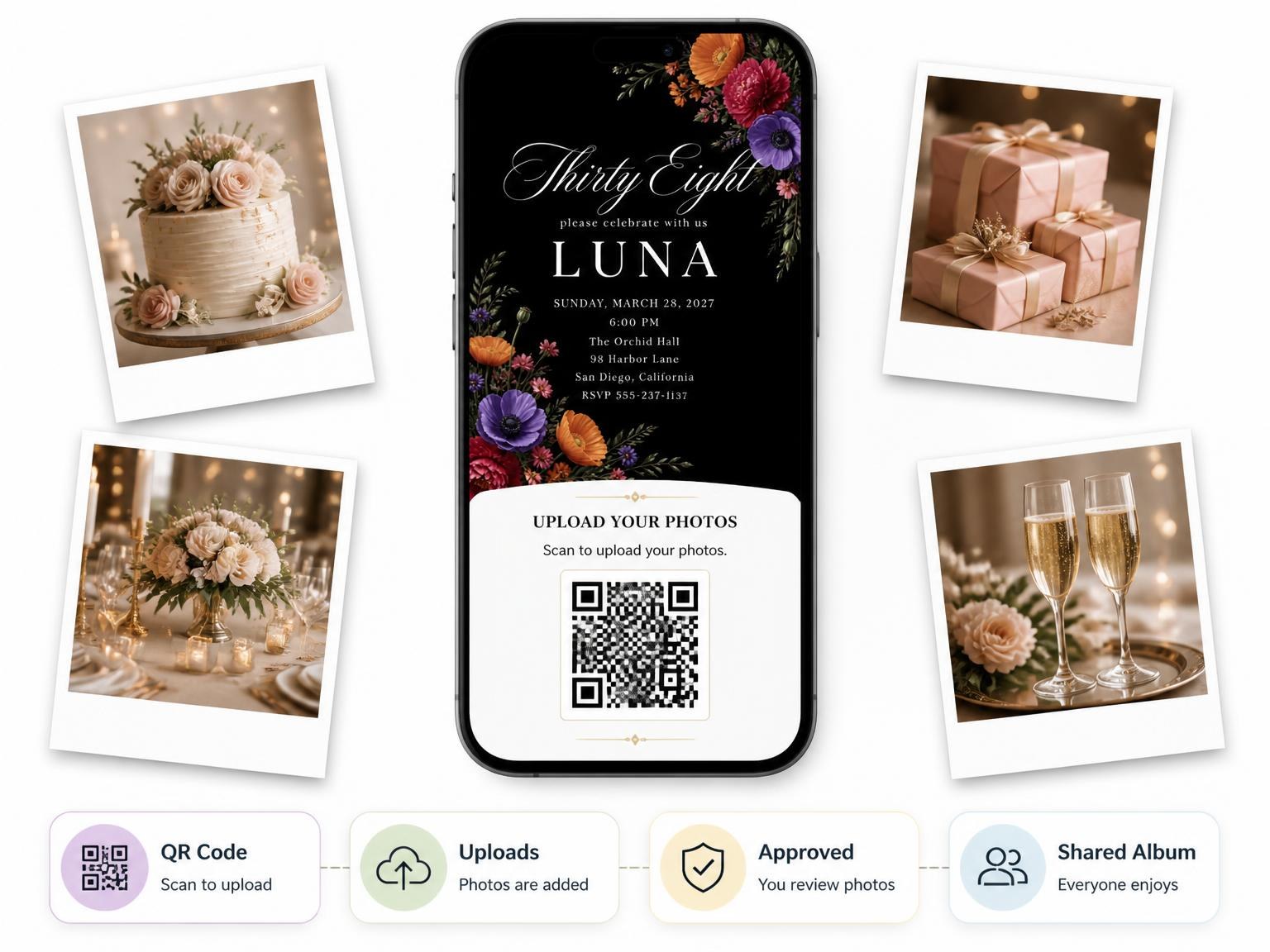 The shared photo gallery that comes with the Black Floral 38th Birthday Invitation invitation