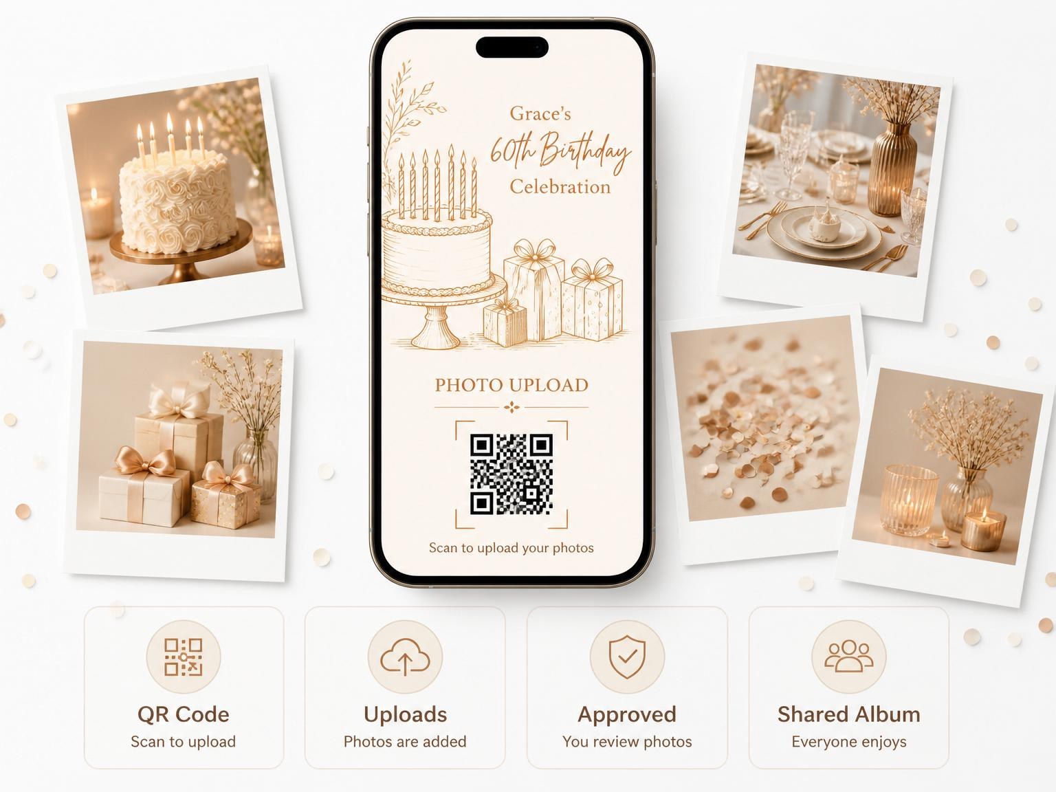 The shared photo gallery that comes with the Orange Ink Cake 60th Birthday Celebration invitation