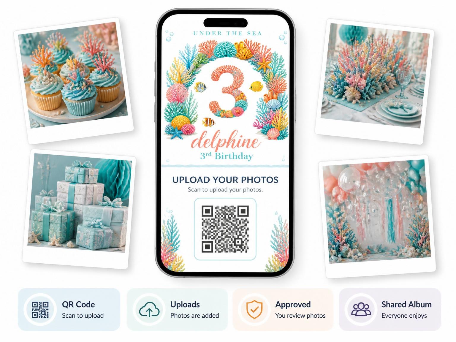 The shared photo gallery that comes with the Watercolor Coral Reef 3rd Birthday invitation