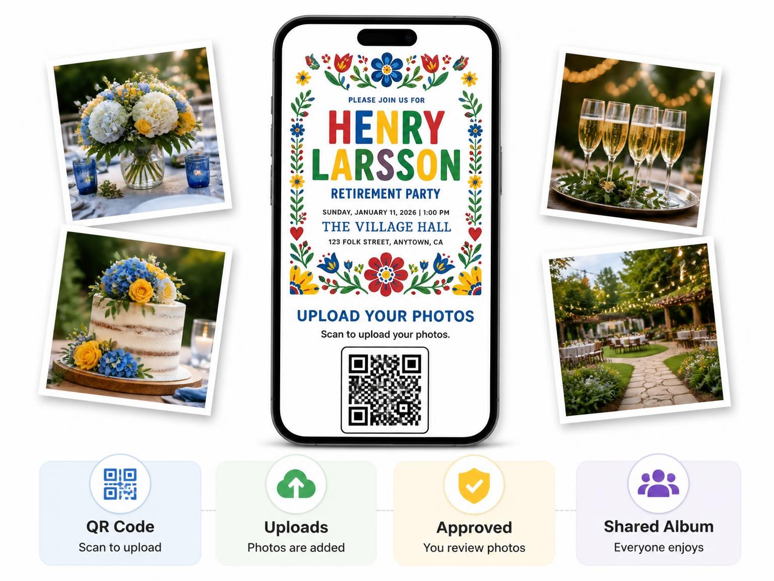The shared photo gallery that comes with the Dala Horses Retirement Party Invitation invitation