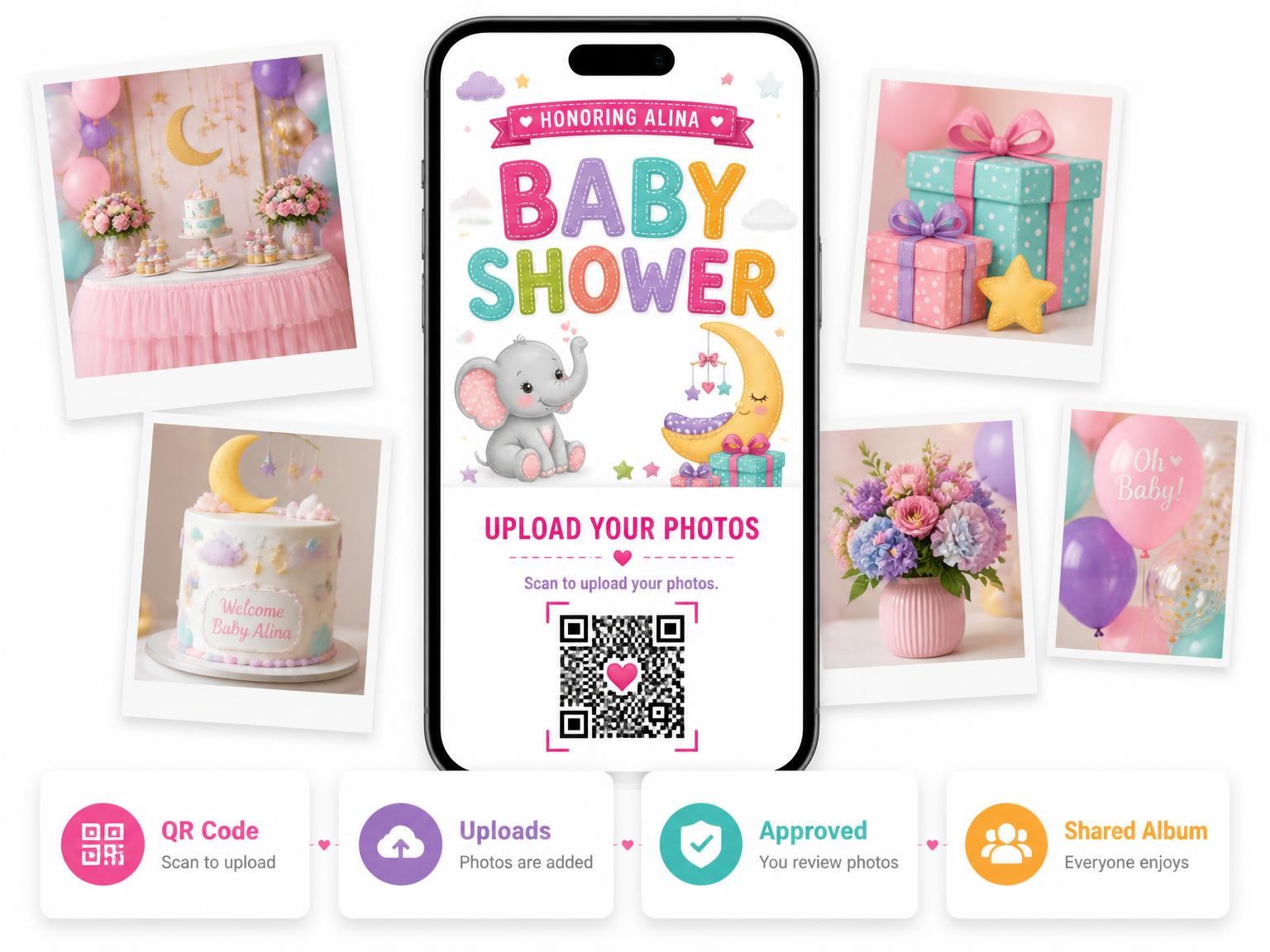 The shared photo gallery that comes with the Smiling Crescent Moon Baby Shower Invitation invitation