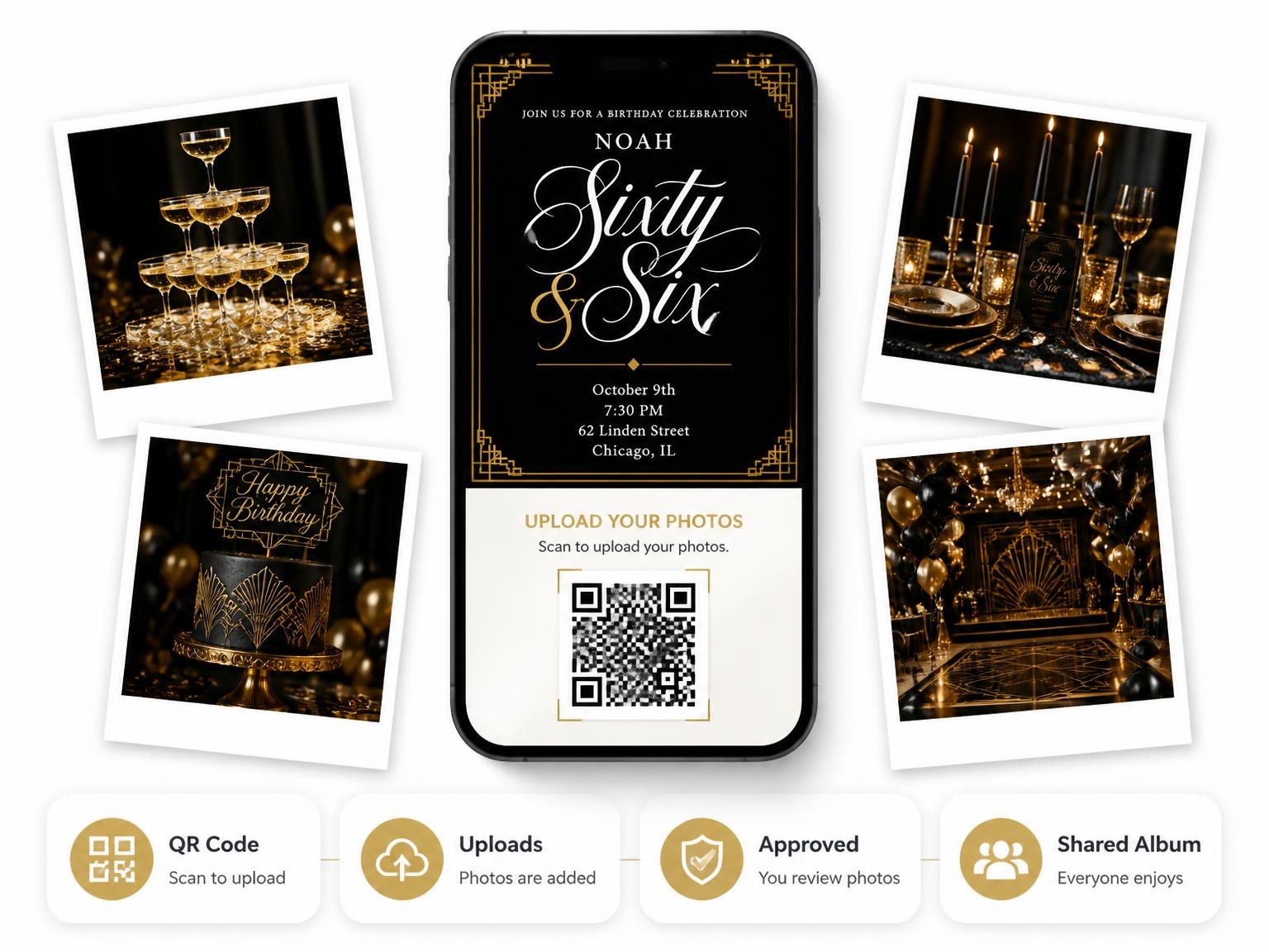 The shared photo gallery that comes with the Art Deco 66th Birthday Invitation invitation