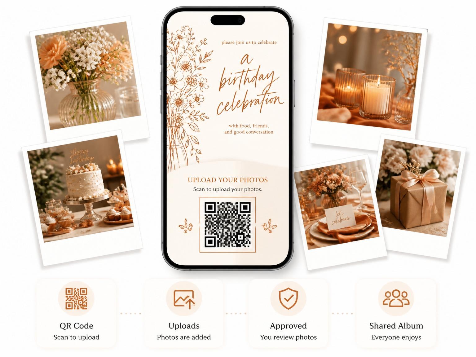 The shared photo gallery that comes with the Terracotta Line-Art Floral 45th Birthday Invitation invitation