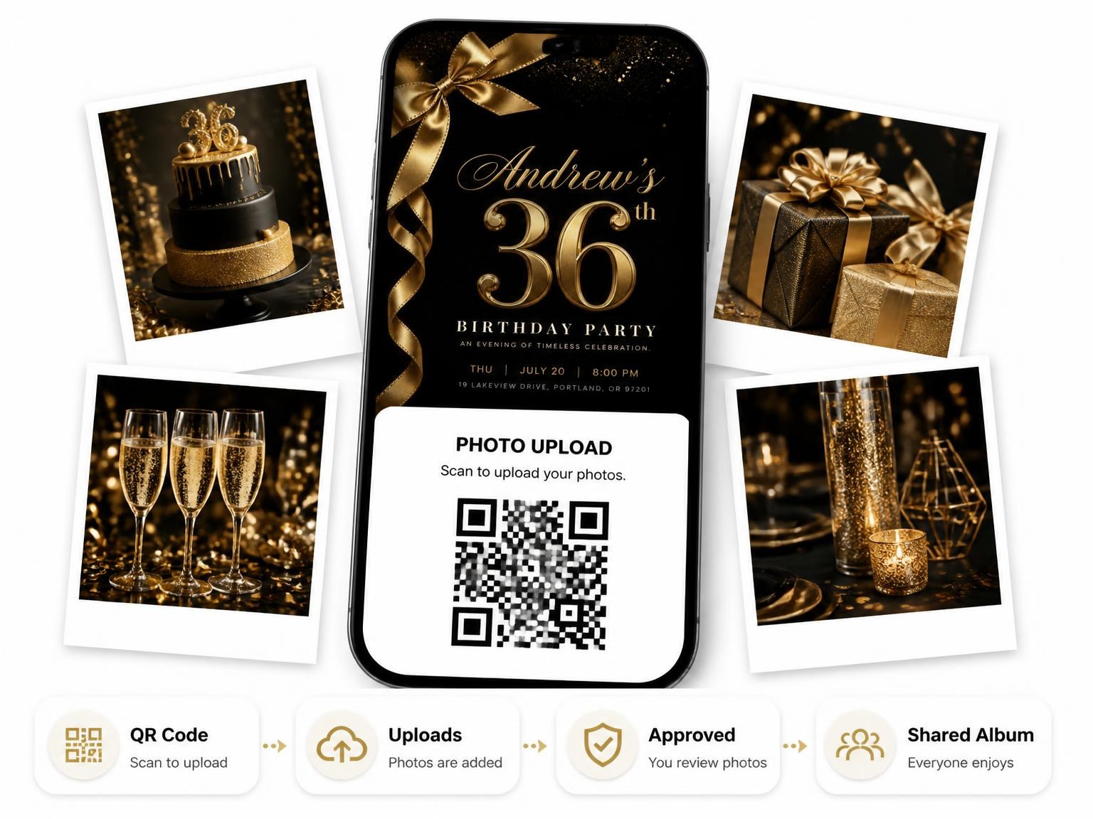 The shared photo gallery that comes with the Black and Gold Ribbon 36th Birthday invitation