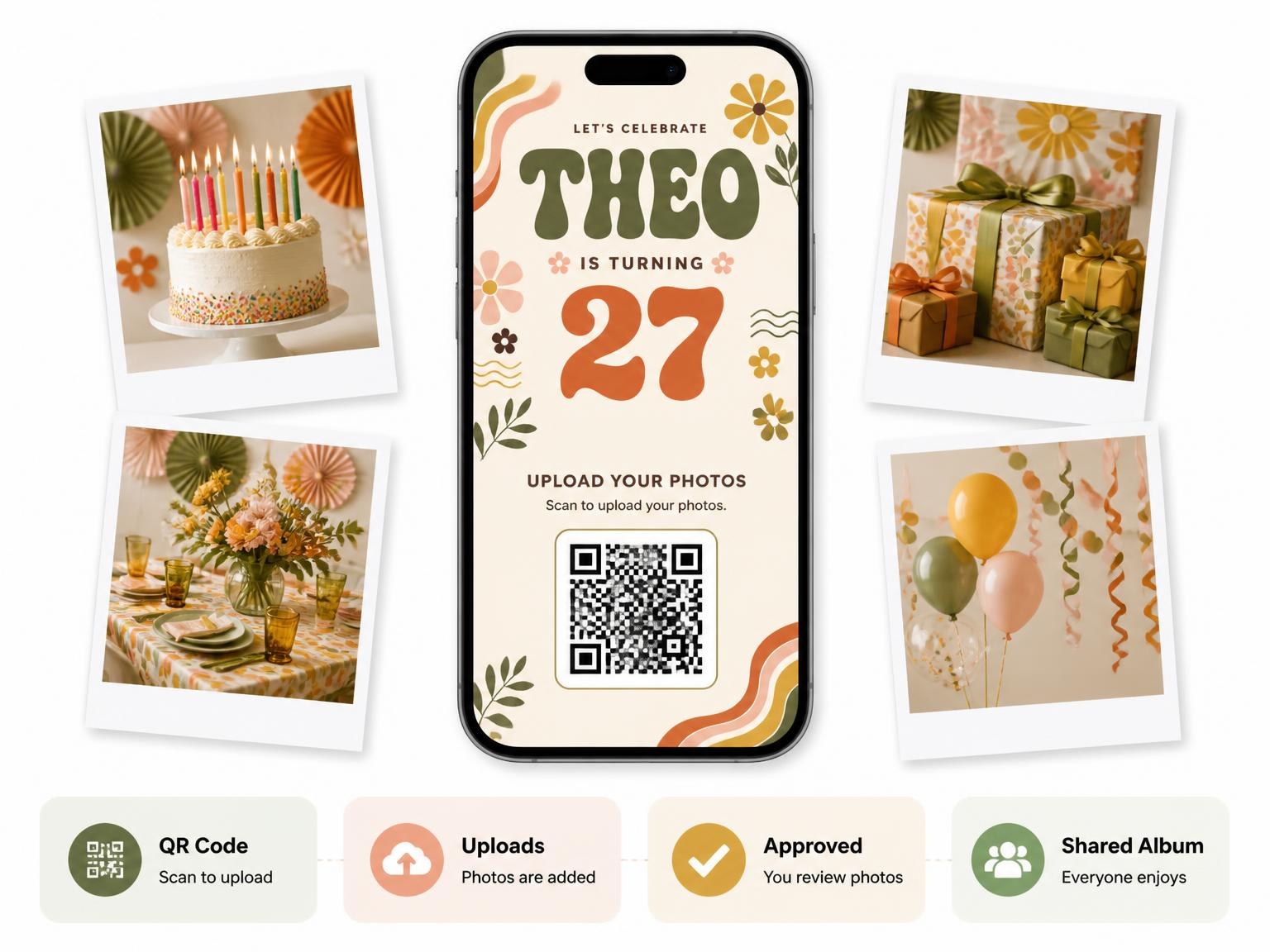 The shared photo gallery that comes with the Groovy Retro 27th Birthday Invitation invitation