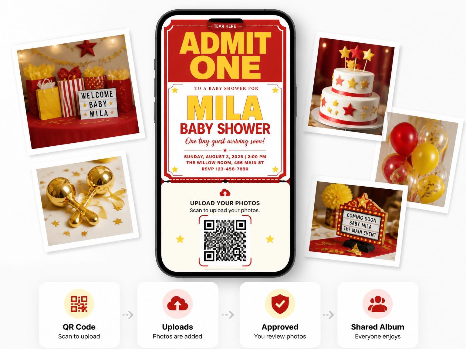 The shared photo gallery that comes with the Red and Yellow Cinema Ticket Baby Shower invitation