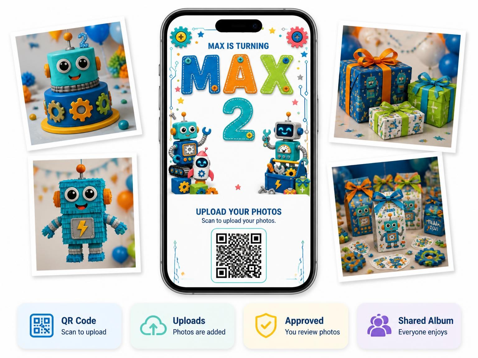 The shared photo gallery that comes with the Stitched Robot 2nd Birthday Invitation invitation