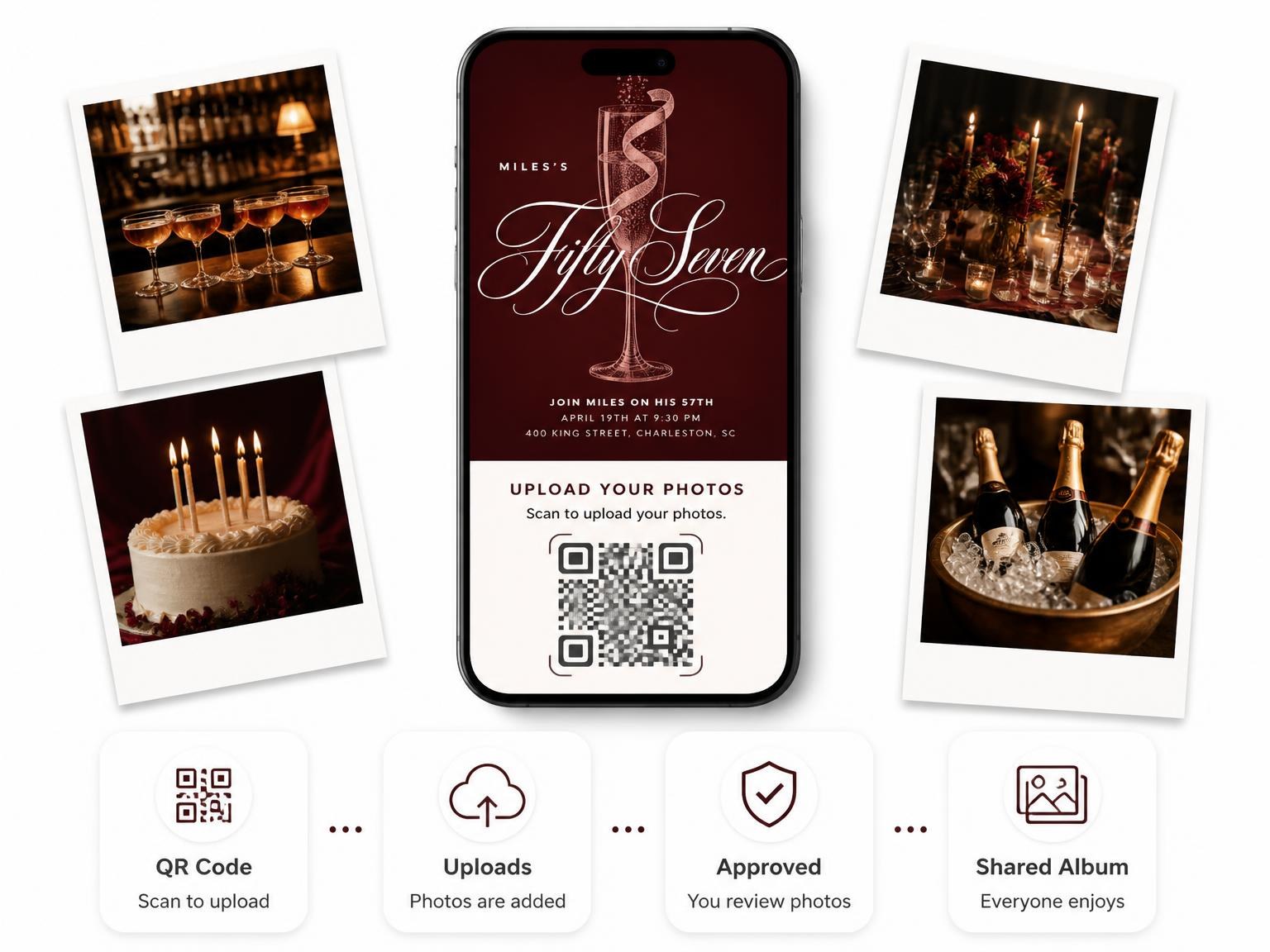 The shared photo gallery that comes with the Burgundy Cocktail 57th Birthday Invitation invitation