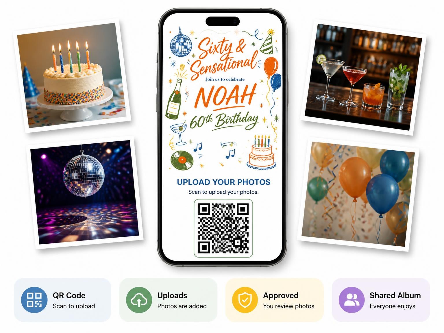 The shared photo gallery that comes with the Retro Doodle 60th Birthday Invitation invitation