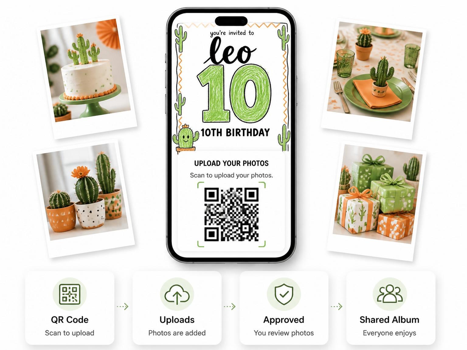 The shared photo gallery that comes with the Crayon Cactus 10th Birthday Invitation invitation