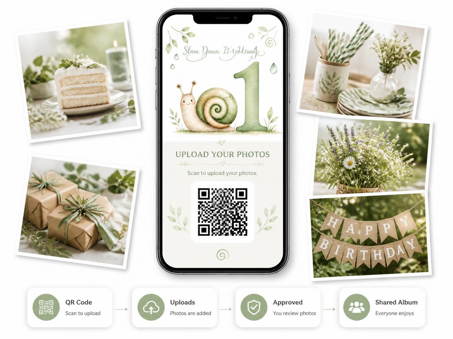 The shared photo gallery that comes with the Earth Tone Snail 1st Birthday invitation