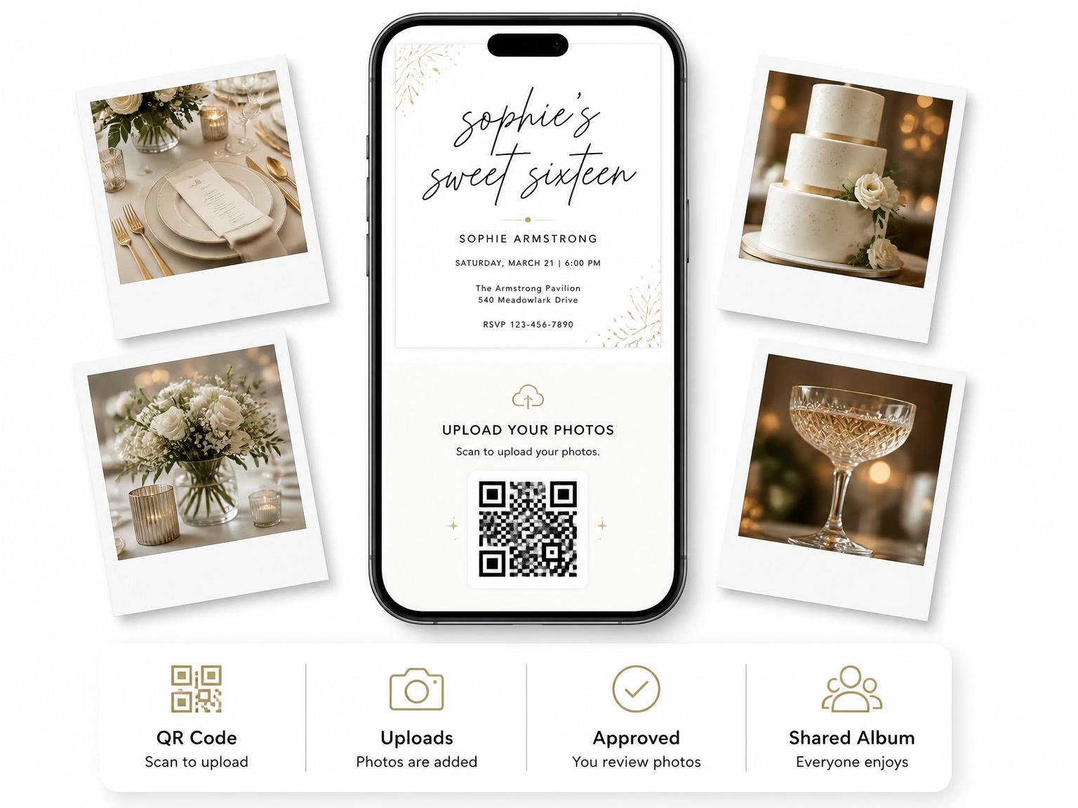 The shared photo gallery that comes with the Minimalist Black and White Sweet Sixteen invitation