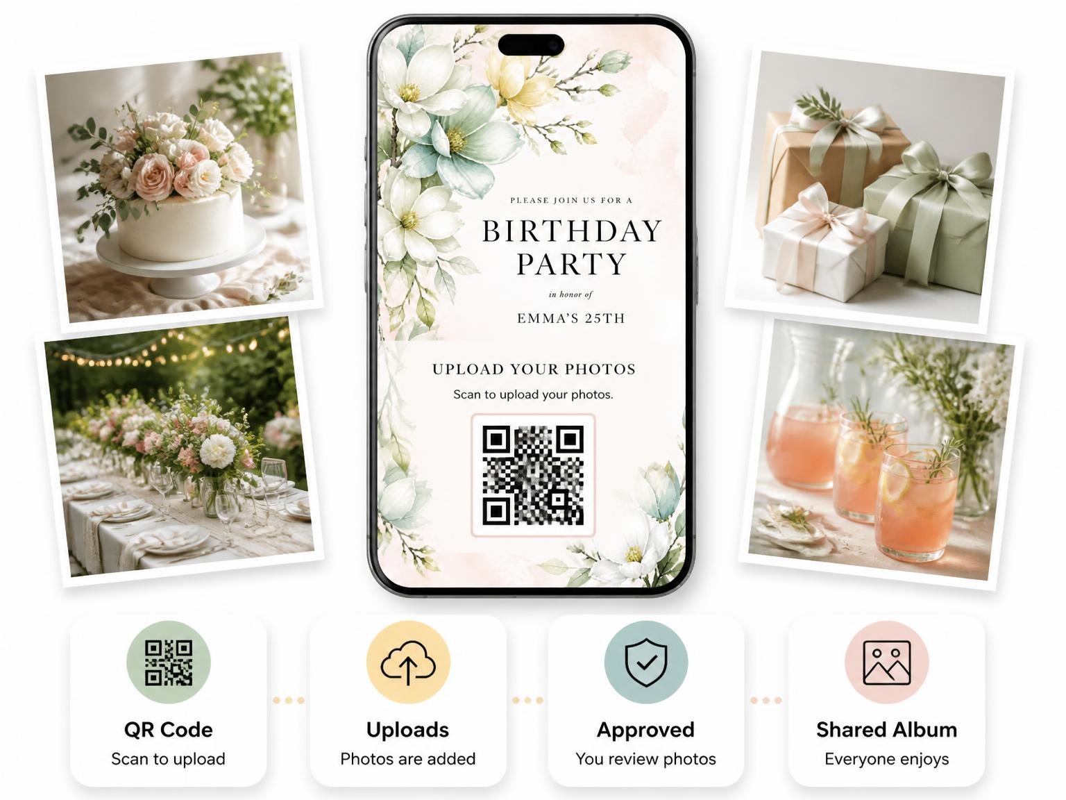 The shared photo gallery that comes with the Magnolia Branch Mint 25th Birthday Invitation invitation