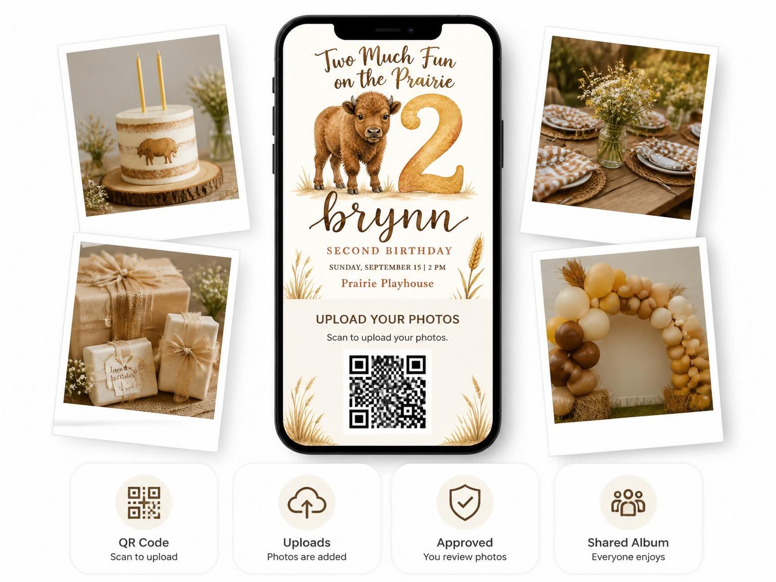 The shared photo gallery that comes with the Two Much Fun on the Prairie Birthday invitation
