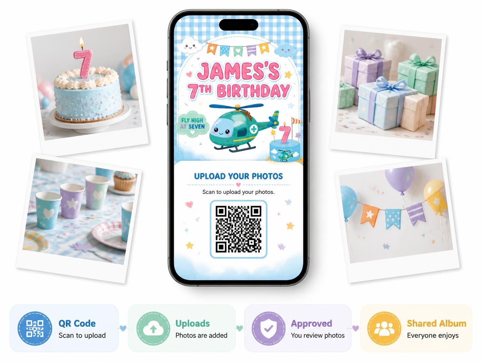 The shared photo gallery that comes with the Rescue Helicopter 7th Birthday Invitation invitation