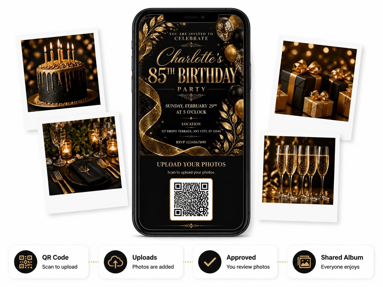 The shared photo gallery that comes with the Black and Gold 85th Birthday Invitation invitation