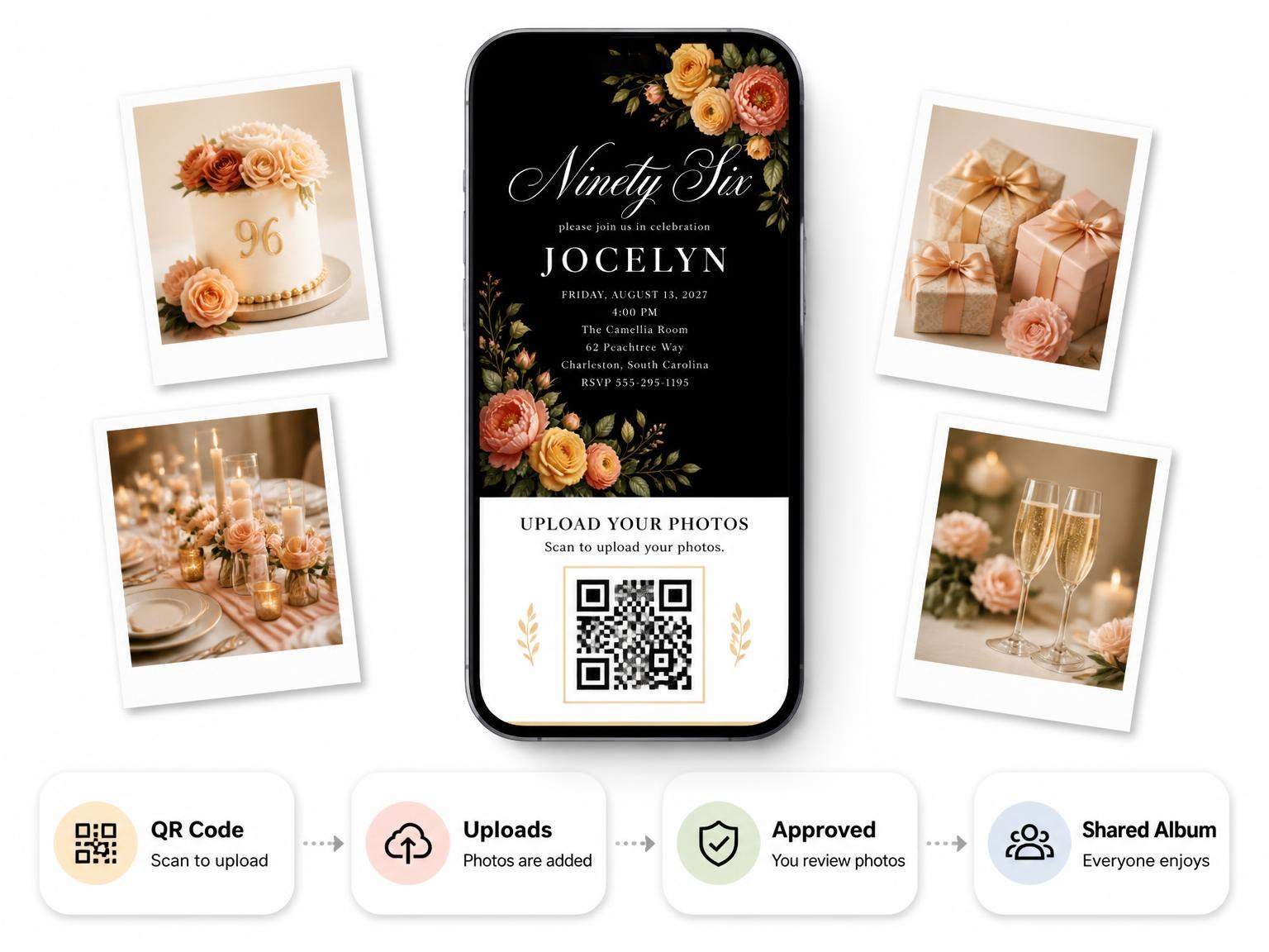 The shared photo gallery that comes with the Black Floral 96th Birthday Invitation invitation