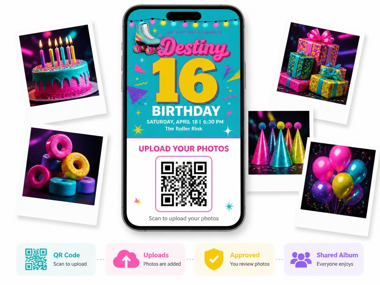 The shared photo gallery that comes with the 80s Teal Roller Disco 16th Birthday invitation