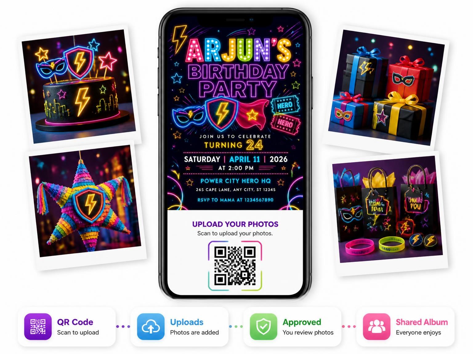 The shared photo gallery that comes with the Neon Superhero 24th Birthday Invitation invitation